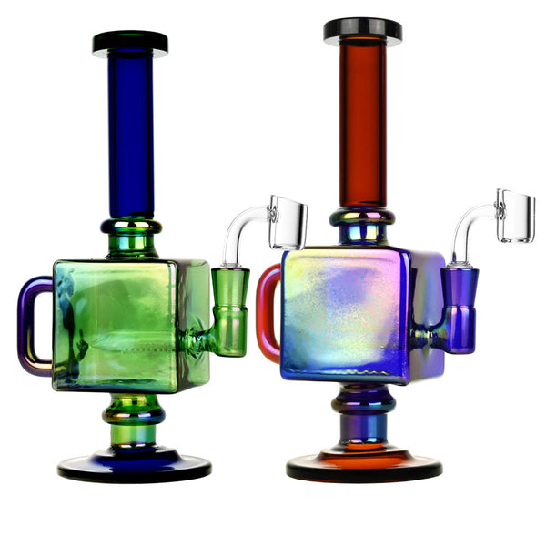 Iridescent Teapot Cube Inline Rig - 9.5""/14mm F/Colors Vary